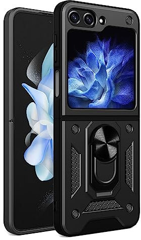 ESTH® Case for Samsung Galaxy Z Flip5 with Slide Camera Cover, Military Grade Shockproof Protective Cover with Rotatable Metal Ring Kickstand [Support Magnetic Car Mount], Black