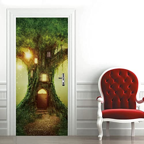 Tür tapeten 3d selbstklebend Grünes Baumhaus Türposter Türaufkleber Wasserdicht Abnehmbare Vinyl türfolie Fototapete diy Wandbild Wohnzimmer Schlafzimmer B85 x H205cm