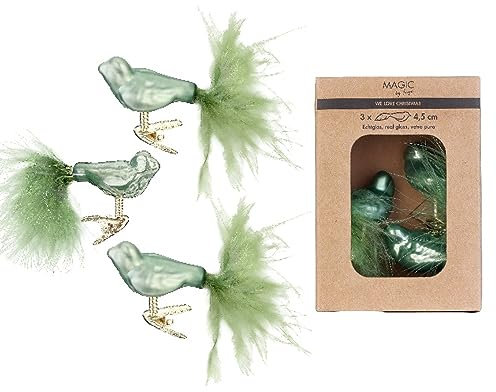 Christbaumschmuck Glas 4,5cm x 3 Stück Vögel auf Clip in Kartonbox - Glasschmuck Weihnachten - Weihnachtsschmuck für Weihnachtsbaum - Weihnachtsvögel & Weihnachtsbaumschmuck - Mild Sage