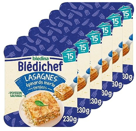 Blédina - Blédichef - Repas bébé 15 mois - 6 plats lasagnes épinards merlu - Poisson sauvage - Faible teneur en sel - Dès 15 Mois - 6 Assiettes de 230g