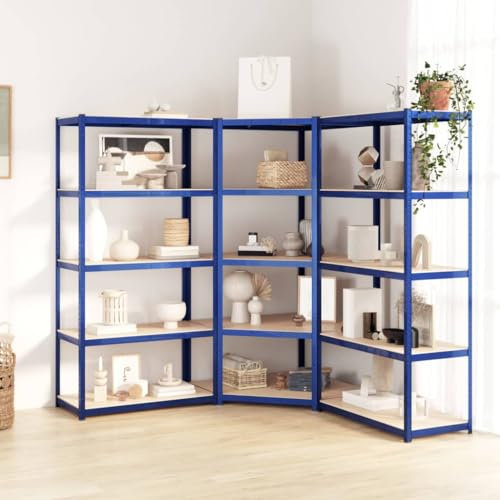 KRHINO Schwerlastregal Steckregal Kellerregal, Regale mit 5 Böden 3 STK. Blau Stahl & Holzwerkstoff Stärke + Stabilität + Beständigkeit Gegen Feuchtigkeit Bietet
