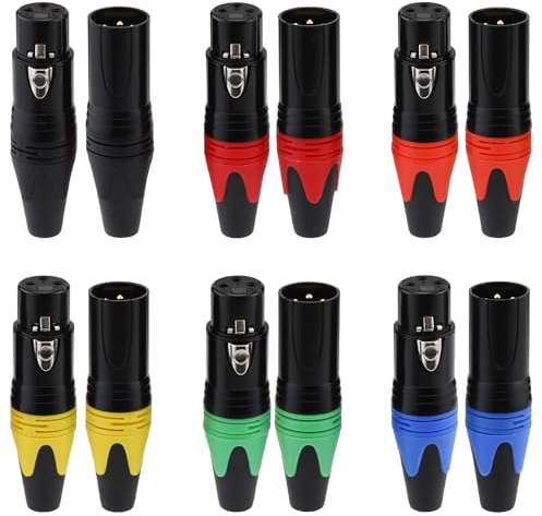 Greluma 6 Pares Conectores XLR de 3 pines, extremos XLR tipo soldadura de 6 colores, conector/enchufe DMX para micrófono de audio macho/hembra, contactos de cobre chapados en oro