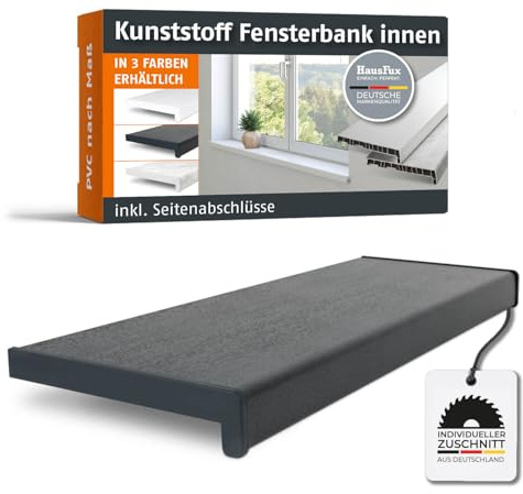 HausFux PVC Innenfensterbank nach Maß, Graphit (T x L: 30 x 200 cm) | Inkl. passender Seitenabschlüsse – maßgefertigte PVC-Innenfensterbank, pflegeleicht, robust und einfach zu montieren.