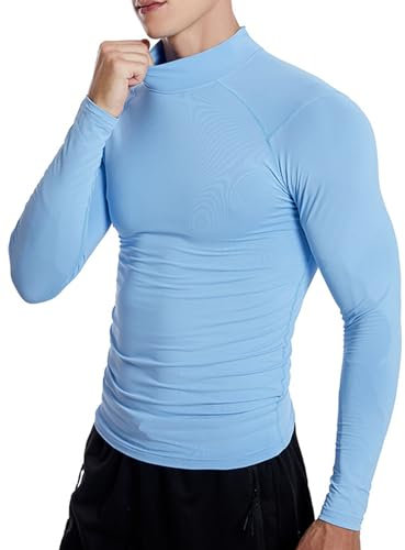 iEFiEL Mens Thermal Long Sleeve Compression Shirts Dry Fit Compression Underwear Mock Neck Winter Sports Base Layer Top Light Blue M
