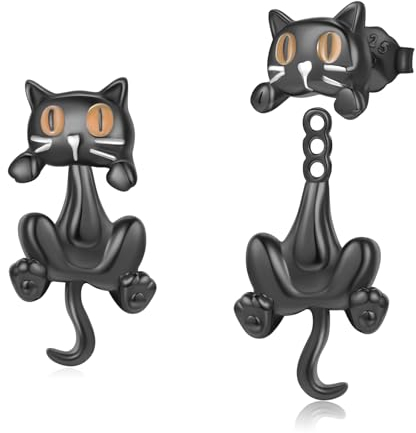 MEDWISE Schwarze Katze Ohrringe Mädchen 925 Sterling Silber Katzen Ohrringe Tiere Ohrstecker Doppelter Verwendungszweck Schmuck Katzen Schmuck für Damen Kinder Tochter Frauen Geburtstag Geschenke