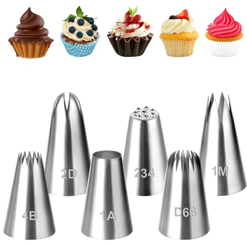 6 Piezas Boquillas Pasteleras de Acero Inoxidable con Adaptadores (1M, 4B, 2D, 1A, D66 y 234) Decoración de Pasteles de Cupcakes Tartas Pastas Choux Puntas Grandes para Decoración Floral