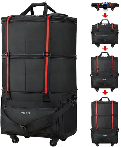 mixi Reisetasche mit Rollen, erweiterbar, faltbar, Gepäcktasche, zusammenklappbar, Roll-Reisetasche, Seesack mit Griff, große Kapazität, Koffer, Schwarz, 11.81 inches x 19.68 inches x 4.72 inches,
