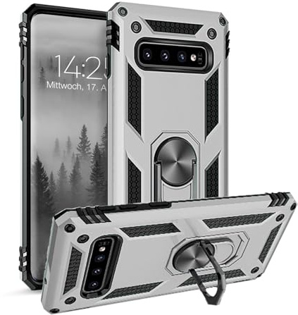 LBH Outdoor Hülle für Samsung Galaxy S10 Armor Militär Stoßfest Handyhülle 360 Grad Metal Ring Halter Ständer Schutzhülle für Handyhalterung Auto Magnet Silber
