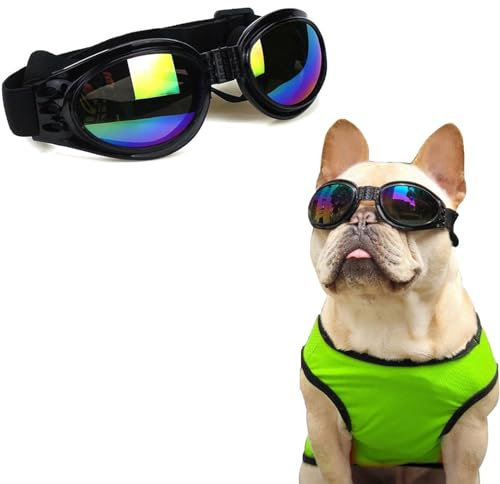Hundebrille Sonnenbrille für Hunde Anti-UV Schutzbrille, Winddichte Wasserdichte Dog Polarized Sunglasses mit Verstellbarer Riemen für Kleine und Mittlere Hunde (1 Schwarz,Einstellbar)
