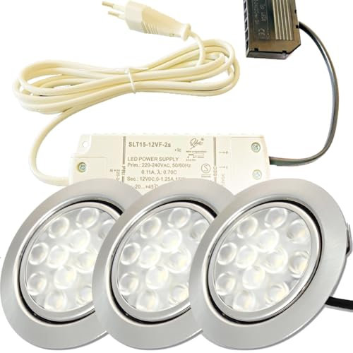 3er Set: Flache LED Möbelleuchten Einbauspots in der Farbe Edelstahl gebürstet, 3W, warmweiß (3000K), 200lm, 12V, 15W LED Trafo 230V. Für Wohnzimmer, Küche und Bad. Plug-and-Play-System.