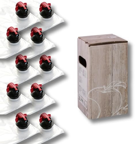 AGRI plus Bag-in-Box-Beutel mit Karton I 3 Liter I 50 Stück I Hochwertiges Saftbeutel-Set mit Holzkiste-Apfel-Motiv I Bis zu 40 x wiederverwendbar I Standboden-Beutel für Apfelsaft, Saft & Wein