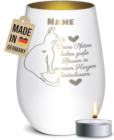 PR Print Royal Trauer Windlicht mit Gravur für Katzen - Spuren im Herzen - mit Name - Erinnerungslicht, Gedenklicht, Trauergeschenk | inkl. Teelicht, 450 ml, Weiß/Gold