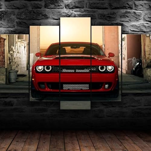 FatAco 5 Paneele Leinwand mit Rahmen Dodg Challenger Demon Racing Car Bild Kunstdruck Leinwand Gemälde Wandmalerei Home Office Wohnzimmer Schlafzimmer Dekoration Ready to Hang