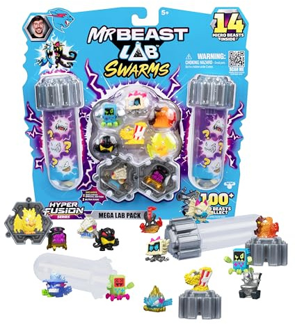 MrBeast Lab Swarms Hyper Fusion Series, Milk Bones Collectibles, Collect Over 100 Unique Swarms, Mega Lab Pack with 14 Micro Beasts, 14 Stickers & 4 Fusion Caps, Fun for Kids & Fans