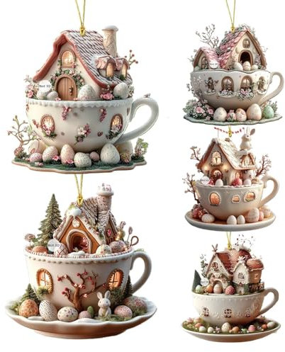 Jlkegfdf Hasen-Ornamente für Baum, 2D-Acryl, bezaubernde Teetassen-Anhänger, 5 x skurrile Charm-Frühlings-Ornamente, um Osterfreude zu feiern