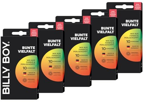 BILLY BOY Kondome Bunte Vielfalt 10er | 52 mm | Mix aus Farbig und Perlgenoppt | 5er Pack (5 x 10 Stück)