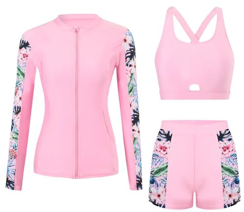 Ausing Rashguard - Set da donna Rashguard di Wakeboard,set da surf da spiaggia con Tankini + Pantaloncini S-XXL, Rosa, M