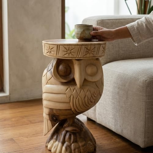 Kinaree Beistelltisch NOK HUUK Eule aus massivem Suar Holz – Handgeschnitzter Nachttisch oder Blumenständer im asiatischen Design – Naturholz Unikat aus Indonesien (Natur)