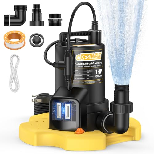CrestWave Bomba automática de cubierta de piscina de 1 HP, bomba de agua sumergible de 4500 GPH con interruptor de sensor externo único y adaptador de válvula de retención de 3/4 pulgadas, eliminación