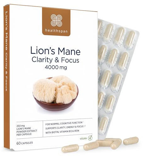 Healthspan Lion’s Mane Clarity & Focus (60 Capsules) | Stay Sharp and Focused | 4000mg Lion’s Mane Mushrooms | Supports Energy and Cognitive Function | with biotin, Vitamin B12 and Iron