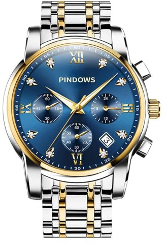 PINDOWS Herrenuhr, Quarz, Wochentag/Datum, Edelstahl, 3 ATM | 42 mm Profil, Tages- und Datumskalender, 120 g solide Bauweise, versteckter Schmetterlingsverschluss, Leuchtzeiger
