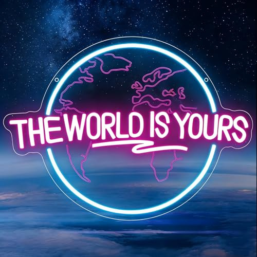 The World is Yours Letrero de Neon,Tierra Señal de Neón Decoracion para Juegos Dormitorio Club Fiesta Bar,El Mundo Es Tuyo Luces LED Regulable Regalo para Hombres Mujeres USB Powered（16.9*12.6）