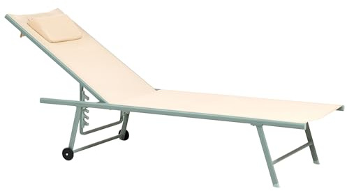 Beliani Set of 2 Garden Loungers Steel Powder Coated Frame Adjustable Backrest Headrest Cushion Green Frame Beige Soroni