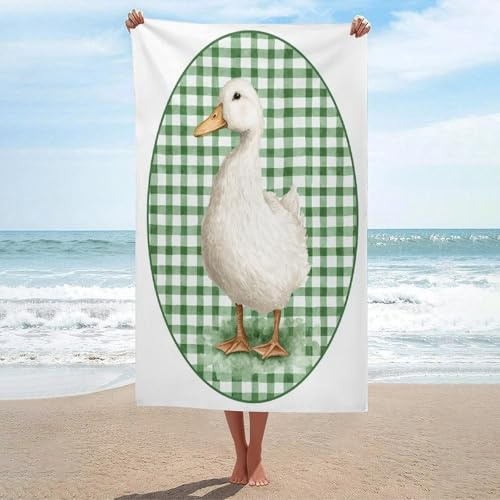 Strandtuch mit niedlicher weißer Ente in einem ovalen, grün karierten Strandtuch, sandfrei, Mikrofaser, groß, Mehrzweck-Duschtücher, saugfähig, für Badezimmer, Pool, 130 x 80 cm