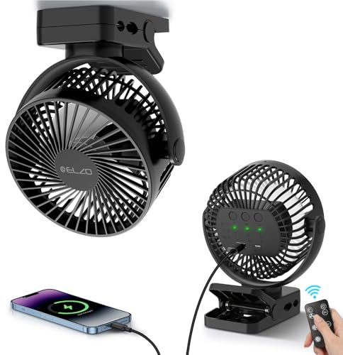 ELZO 12000mAh Clip Fan, USB Desk Fan Rechargeable with LED Light & Hanging Hook & Magnetic (Black)