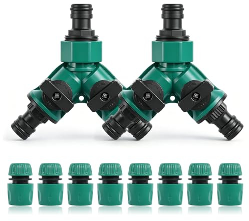 2 Stück 3/4 Zoll 2 Wege Verteiler Wasser, 8 Stück Schlauchverbinder 1/2 | Verteiler Wasser mit Ventil, Y Verteiler Zulaufschlauch für Landschaftsbau Gartenbau Blumenzucht Bewässerung
