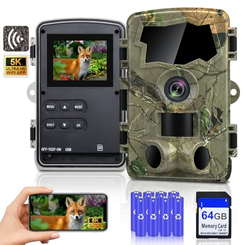 5K Wildlife Camera,64MP Full HD Wildlife Camera With Night Vision Motion Activated with Mobile Phone Transmission App with Battery, Infrared Trail Camera with 64G SD Card & 8 x AA Batteries,IP66