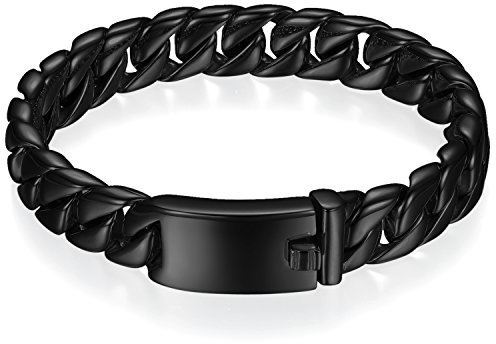 JewelryWe Personalisiert Armband Panzerkette Herren: 12mm Breit Schwarz Edelstahl Hochglanz Poliert Groß Schwer Kubanische Kette Armkette Panzerarmband mit Gravur Geschenk für Männer Freund Vater