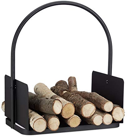 Relaxdays 2 teiliges Kaminholz-Set, Kaminholzregal für Feuerholz, Kaminholzkorb schwarz, aus pulverbeschichtetem Stahl, Black