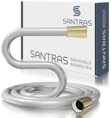 SANTRAS® Duschschlauch 2m aus Kunststoff in Chrom und Gold inkl. Dichtungen - Brauseschlauch mit Verdrehschutz & Knickschutz - Standard Anschluss & Trinkwassergeprüft für Dusche und Badewanne