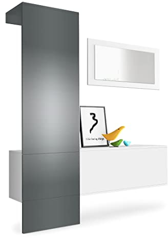 Vladon Garderobe Carlton Set 4, Made in Germany, Garderobenset bestehend aus 1 Garderobenpaneel, 1 Schrankmodul und 1 Wandspiegel, Weiß matt/Graphit Seidenmatt (156 x 193 x 35 cm)