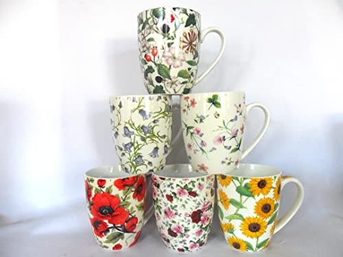 Heron Cross Pottery Abbeydale Collection Set of 6 Aspen China Mugs in Assorted chintzy Floral Designs