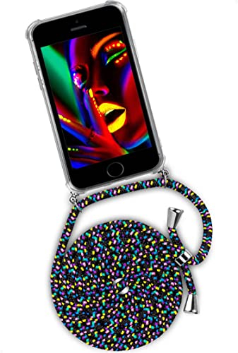 ONEFLOW Twist Case – Handyhülle mit Band für iPhone 5s / 5 / SE (2016) - Handykette zum Umhängen, Hülle mit Kette abnehmbar, Handy Umhängeband, Schutzhülle und Kordel – Schwarz Bunt