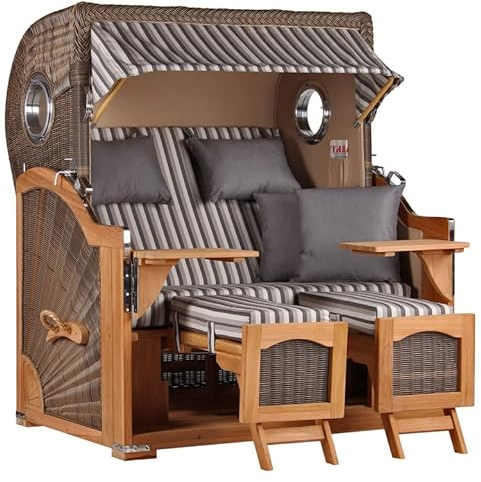 MR. DEKO® Strandkorb Düne Grande XL 2,5-Sitzer Teak | PE Geflecht Grey - Dessin 545 | Volllieger Strandstuhl mit Bullauge inkl. 2 Fußablagen | je 2 Kissen und Nackenkissen | Strandkörbe aus Teakholz