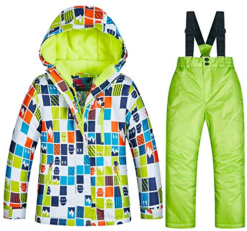 YFPICO Ensemble de Ski Enfant Fille Garçon Veste de Ski Snow avec Salopette Matelassé Combinaison de Ski Neige Snowboard Imperméable Coupe-Vent, 6 Ans/Stature 125cm