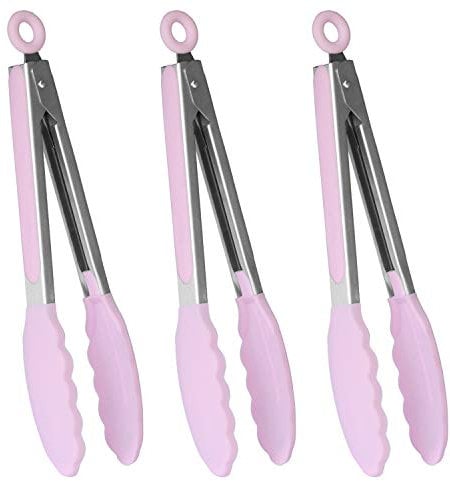 HINMAY 9-Inch Stainless Steel Silicone Tongs Serving Food Tongs for Grilling Cooking Frying, Set of 3 (Pink)
