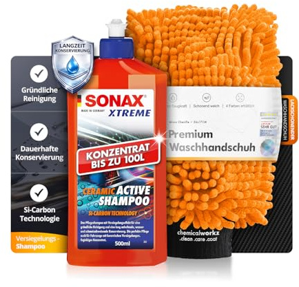 SONAX Xtreme Ceramic Waschset: SONAX Xtreme Ceramic Active Shampoo 500ml Autoshampoo + chemicalworkz Mikrofaser Chenille Waschhandschuh