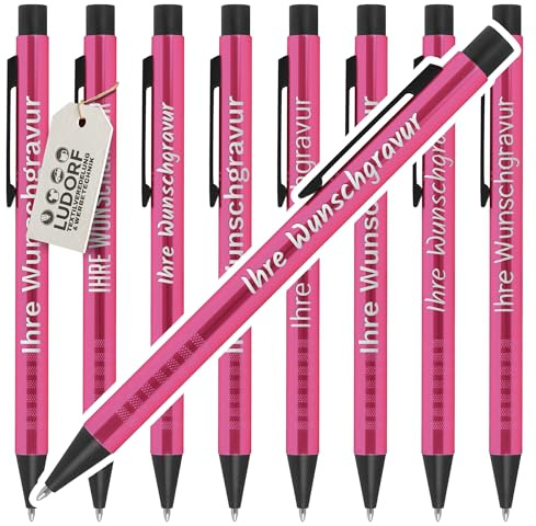 #teamludorf ALPHA Kugelschreiber Pink mit Lasergravur - 100 Stk | Personalisierbar mit Wunschgravur oder Firmennamen – edler Werbeartikel für Firmen & Messen. Blaue Mine & Griffzone