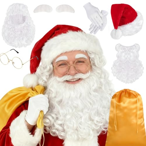 SATINIOR Weihnachtsmann Kostüm Set mit Mütze Bart Brille, Goldener Beutel | Enthält Weihnachtsmann Mütze Brille, Bart Perücke mit Weiß Augenbrauen, Weiße Winterhandschuhe, Weihnachten Geschenkbeutel