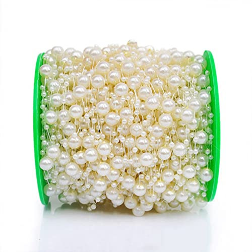 60m Perlengirlande Perlenband Perlenkette Perlenschnur Geschenkband Dekoband mit Perlen für DIY Basteln Party Tischdeko Hochzeit Braut Haarschmuck Ohrringe Halskette Brautstrauß Weihnachten,Creme