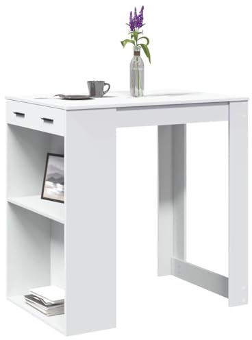 QINXIXINAIXI Bartisch Weiß 102x70x103,5 cm Holzwerkstoff mit 2 Ablagen und 1 Schublade für Küche Wohnzimmer Essbereich, Stauraum für Flaschen Bücher, langlebiges pflegeleichtes Möbelstück