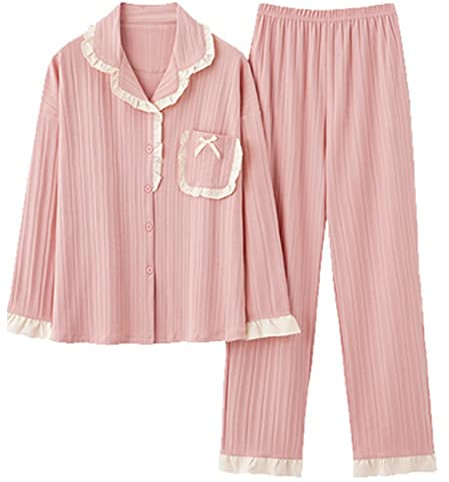 KKPW Pigiama Donna Primavera E Autunno Puro Cotone A Maniche Lunghe Autunno E Inverno Stile Colletto,M