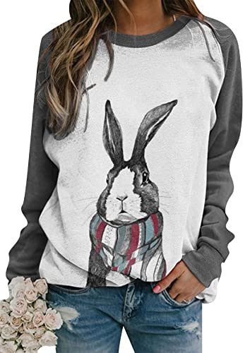 Yming Frauen Ostertag Kaninchen Sweatshirts Langarm Rundhals Pullover Lässige Pullover Grauer Schal XL