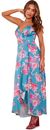 Chi Chi London Women's Cami Floral Wrap Midi Dip Hem Dress in Green Cocktail, 8