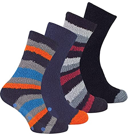 Sock Snob 4er Pack Herren Kuschelsocken mit Noppen Warme Rutschfest Stoppersocken | Antirutsch Flauschige Bettsocken (39-45, Schwarz/Orange -Streifen)