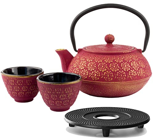 Gusseisen Tee Set 0.6 Liter Teekanne mit Kannenuntersetzer & 2 Guss-Tassen (Becher) & Edelstahl Tee-Filter Sieb-Einsatz - ideal für lose Teesorten